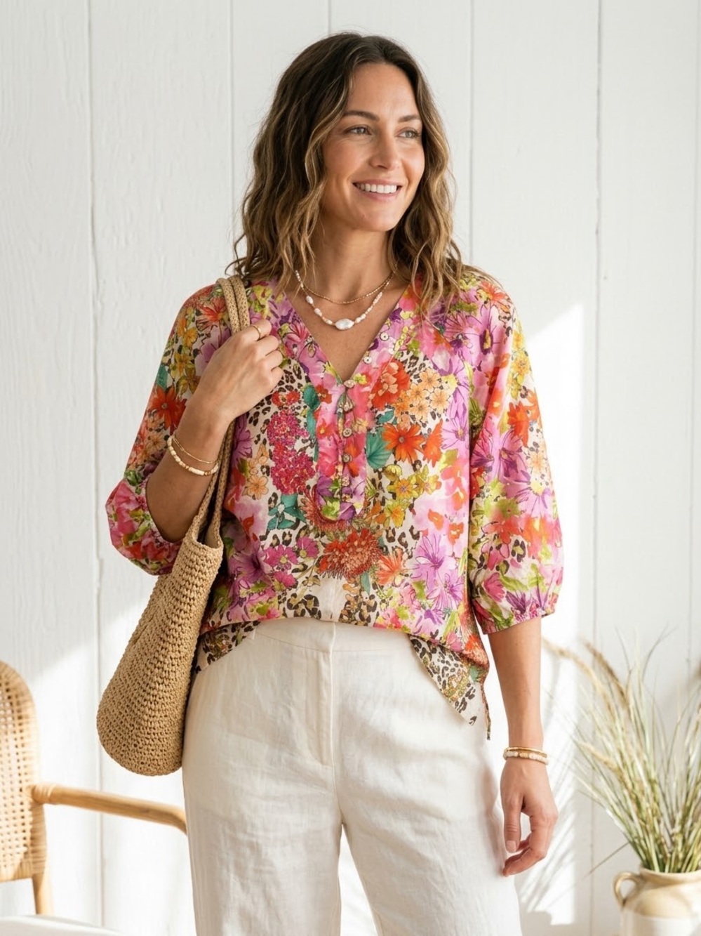 Johnny Was XS Wild Garden Blouse Floral Leopard Puff Sleeve Boho Cotton Top